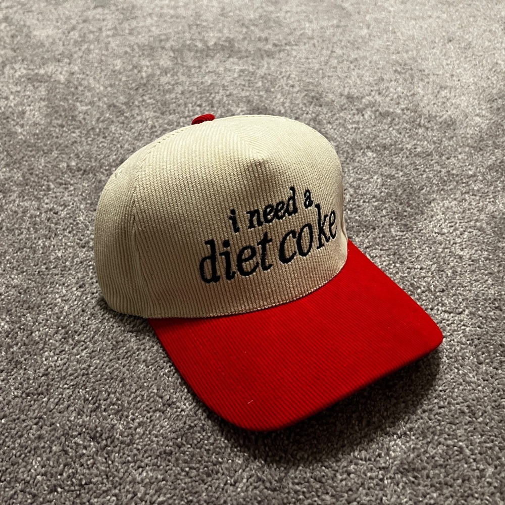 'I Need a Diet Coke' Two-Tone Corduroy Cap - Red & Cream Snapback